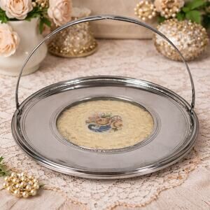 Vintage 50s Serving Silver with Tray Glass Inset Lace Doily Floral Handle 10.5”